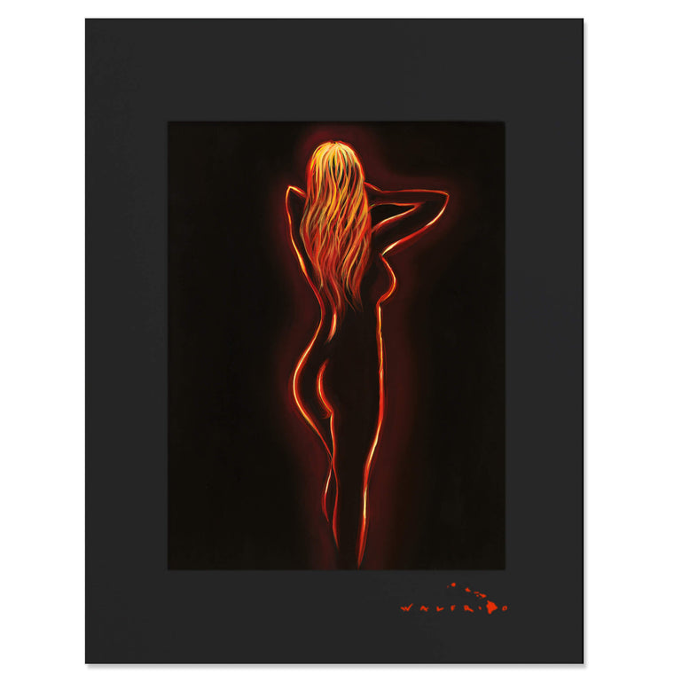 Matted art print by Tropical Hawaii Artist Walfrido showcasing a captivating silhouette of a nude woman's back. This piece exemplifies a distinctive blend of graceful line work and fiery, lava-inspired colors, evoking the vibrant essence of the Hawaiian Islands.