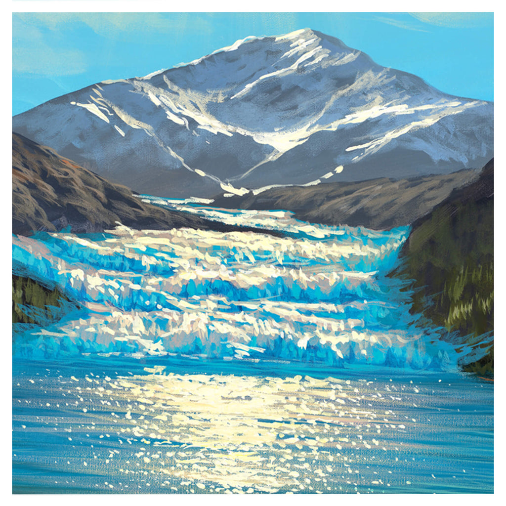 Matted art print showing two vacant Adirondack chairs observing an Alaskan glacier flowing downwards by Hawaii artist Walfrido Gracia.