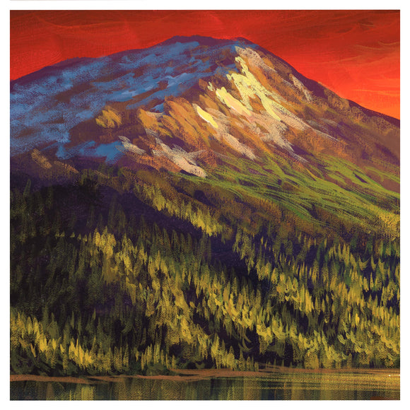 A vibrant red sunset over a still mountain lake, with sunlight streaming around a large pine tree on the shoreline and casting reflections across the calm water by Hawaii artist Walfrido Garcia.