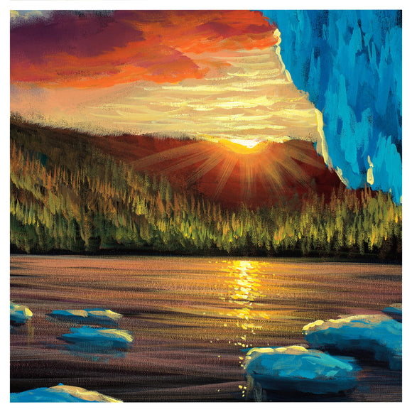 Detailed matted art print rendering the vantage point inside an Alaskan ice cave at sunset, which overlooks a glass-like lake and wilderness forest being set aglow at dusk by Hawaii artist Walfrido Gracia.