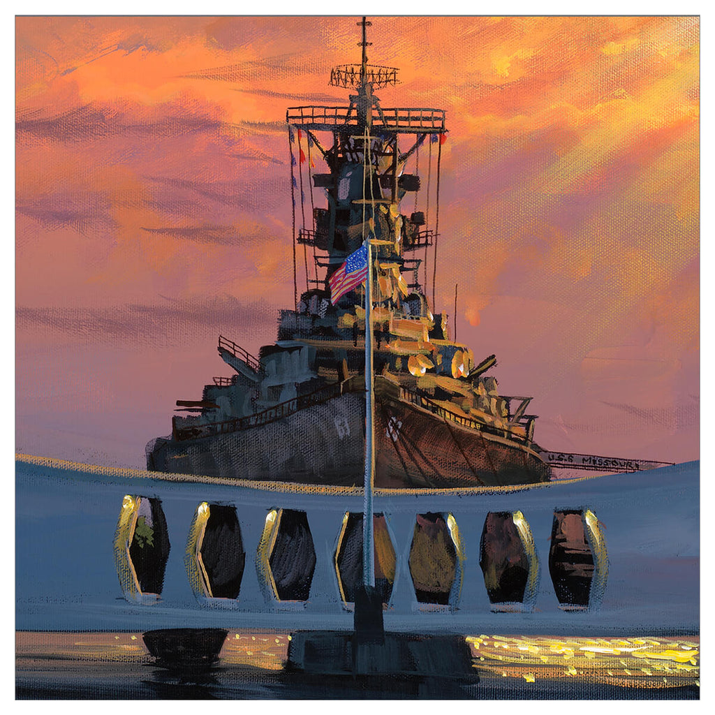 Flag and ship detail of original painting by Hawaii artist Walfrido Garcia, depicting the USS Missouri at rest behind the Pearl Harbor memorial.