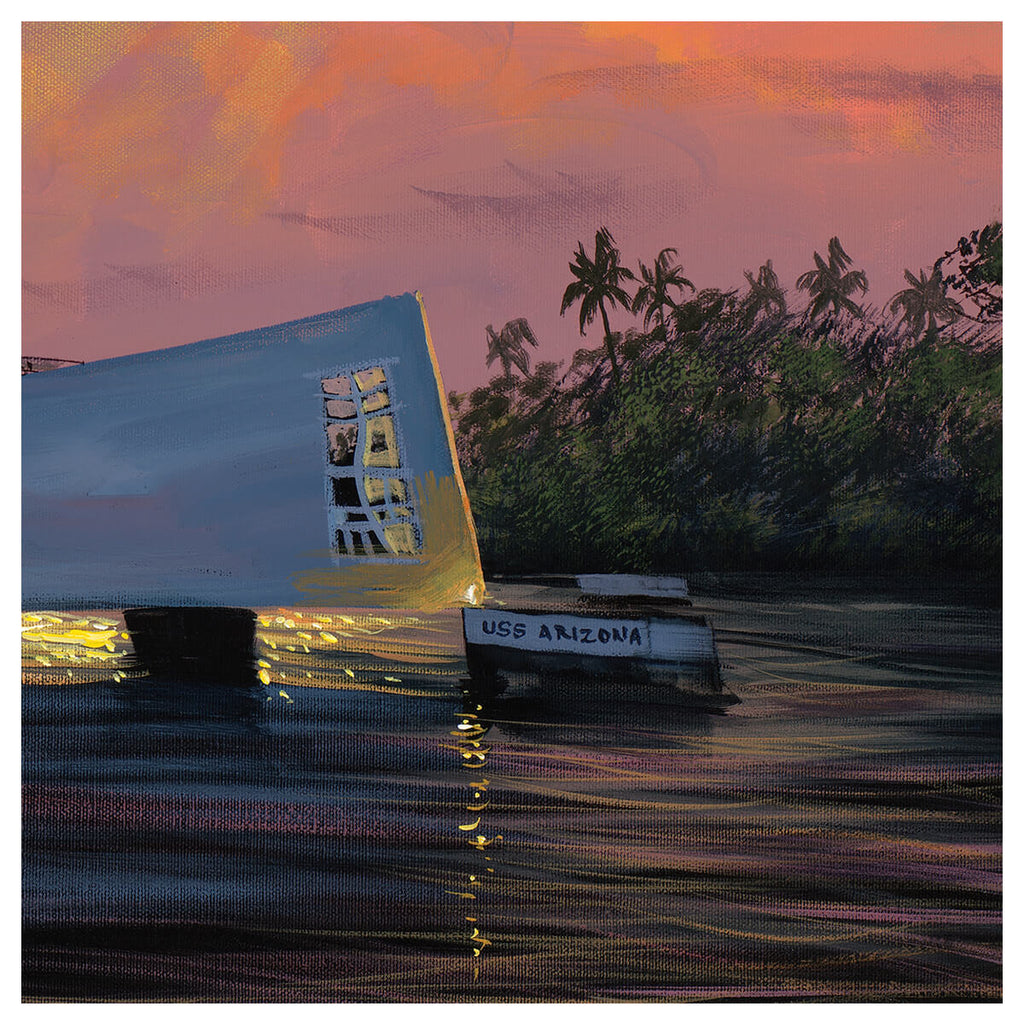 Detail view of Walfrido Garcia's painting "The Mighty and the Fallen" depicting the edge of the Pearl Harbor memorial and the remains of the sunken USS Arizona