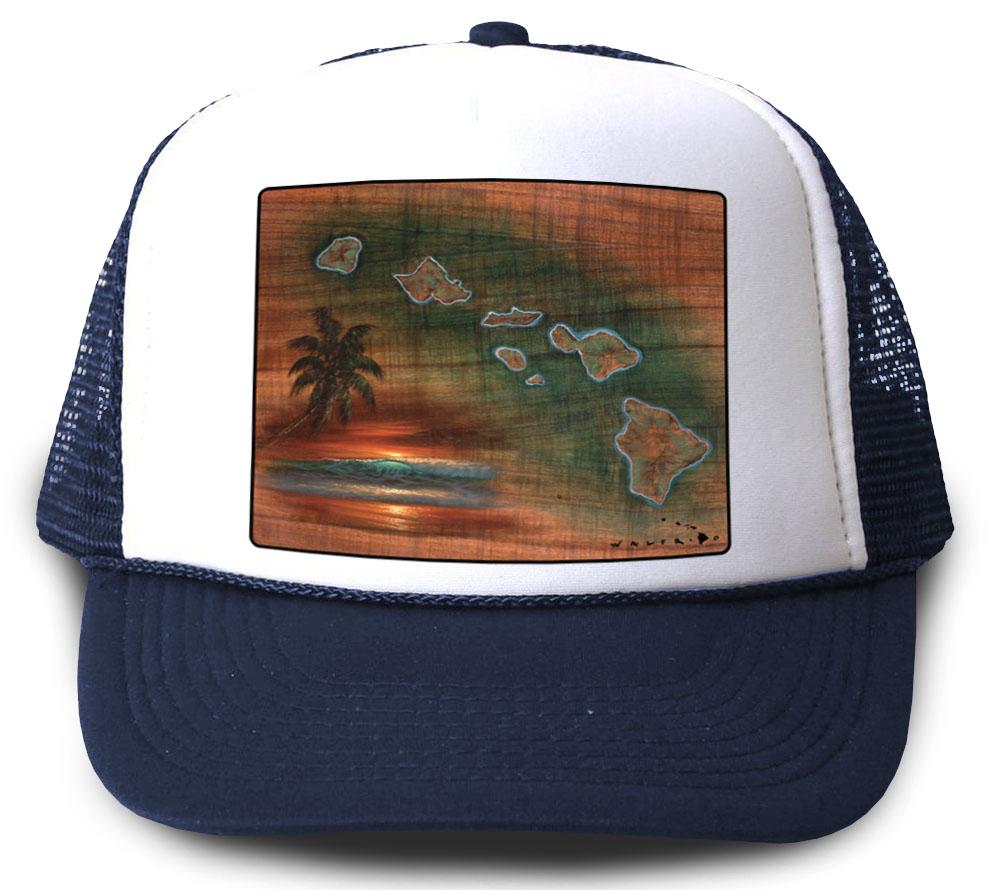 Hawaiian Islands Koa Map Navy Mesh Trucker Hat by Walfrido