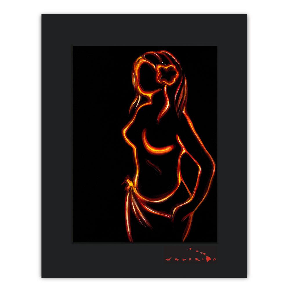 Open Edition Matted artwork by Tropical Hawaii Artist Walfrido featuring a silhouette of a woman with a flower in her hair.