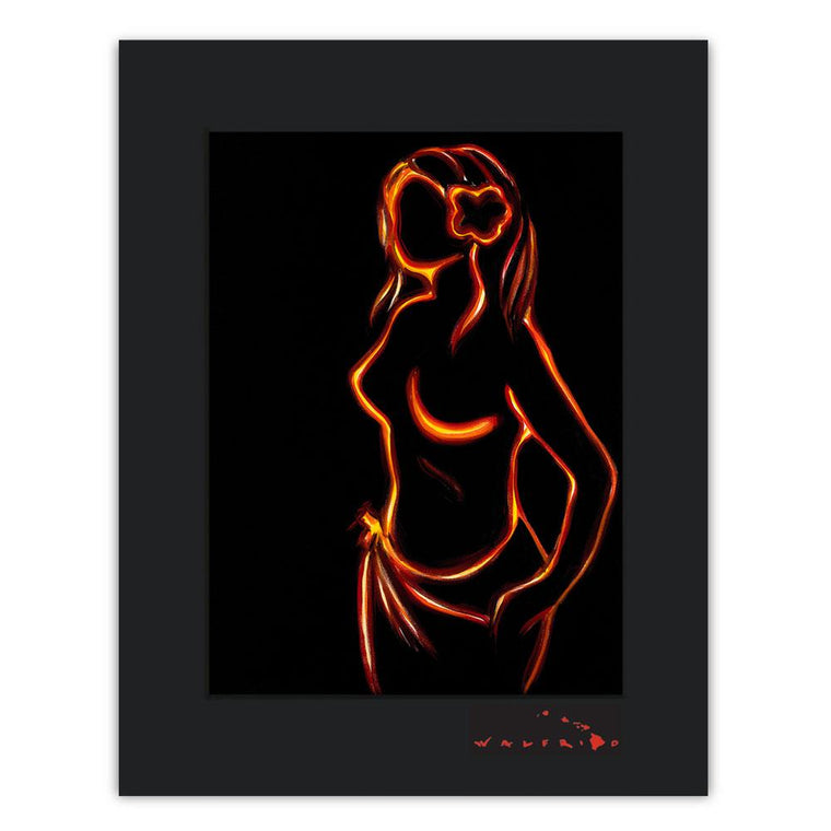 Open Edition Matted artwork by Tropical Hawaii Artist Walfrido featuring a silhouette of a woman with a flower in her hair.