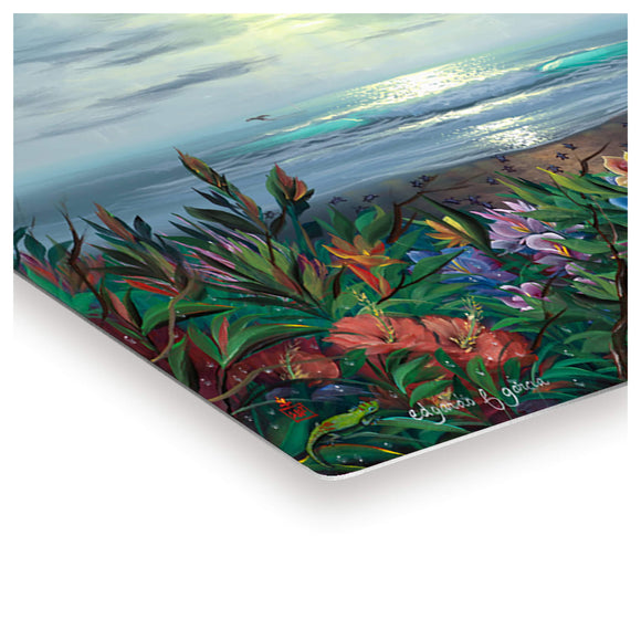 Metal art print featuring some colorful tropical flowers framing a serene beach by Hawaii artist Walfrido Garcia