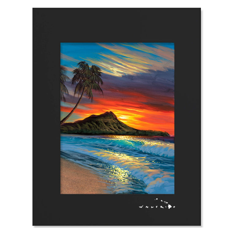 Sun rises behind Diamond head with colorful sky and teal-hued waves by Hawaii artist Walfrido Garcia