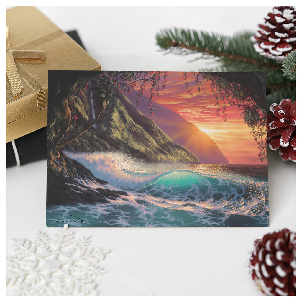 A greeting card that features a crashing wave as seen from a cove on a sandy Hawaiian beach at sunset by Hawaii artist Walfrido Garcia