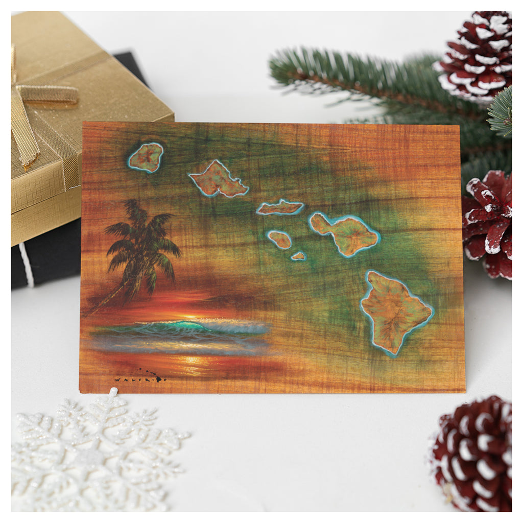 A greeting card that features a map of the Hawaiian Islands with a Koa wood grain texture by Hawaii artist Walfrido Garcia