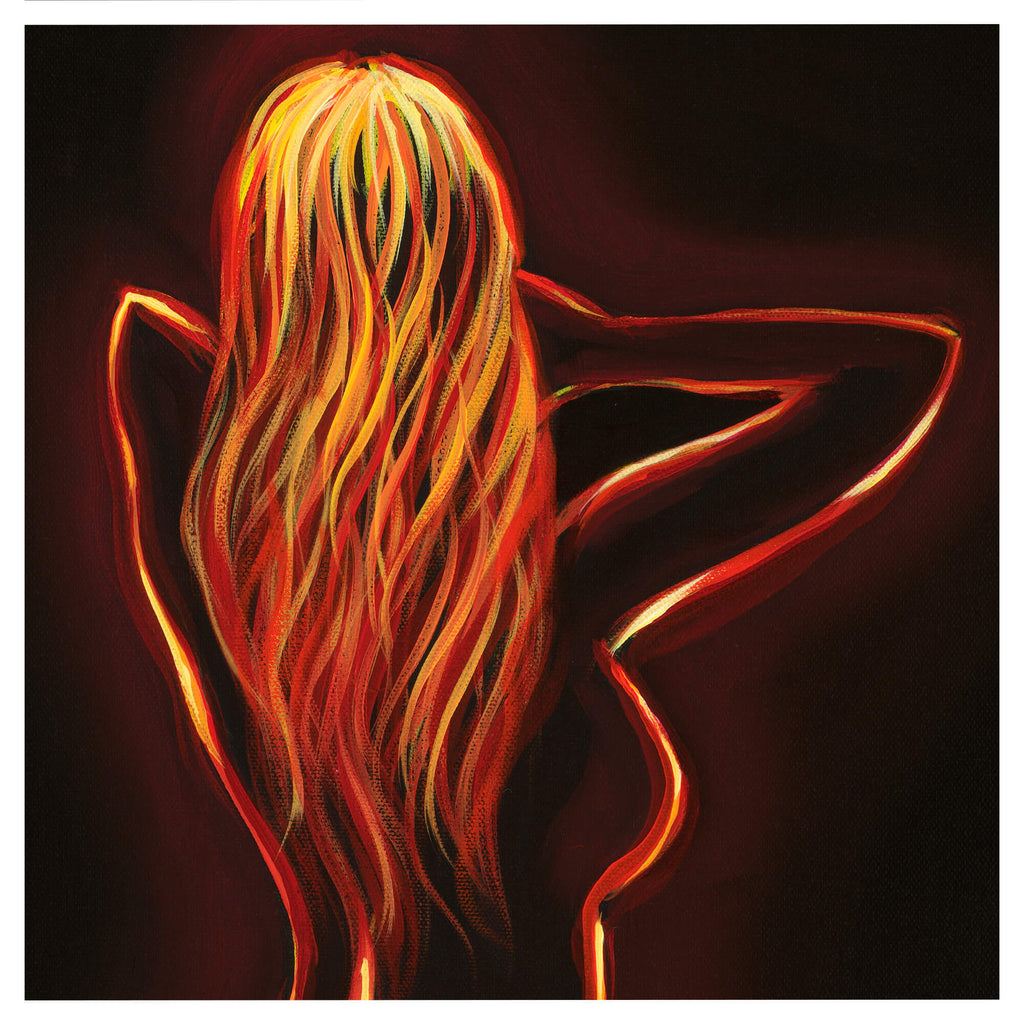 The composition masterfully captures the elegance of the female form while immersing it in the passionate hues of red, orange, and molten yellow.