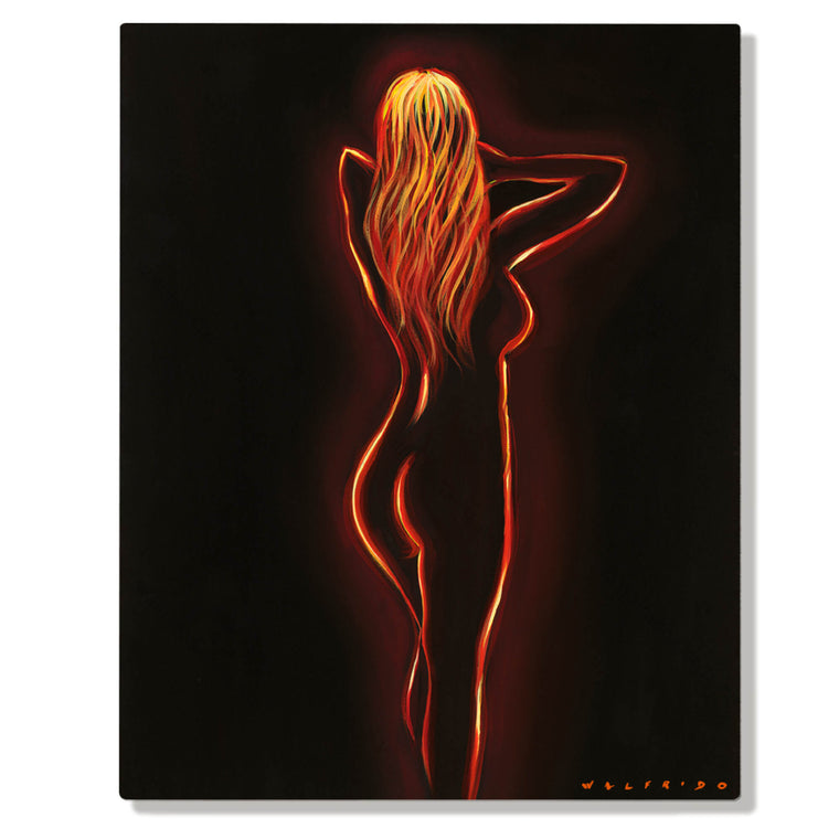 Metal art print by Tropical Hawaii Artist Walfrido featuring a silhouette of a nude woman. This piece encompasses a unique style of line work and fiery colors that invoke the lively spirit of the Hawaiian Island