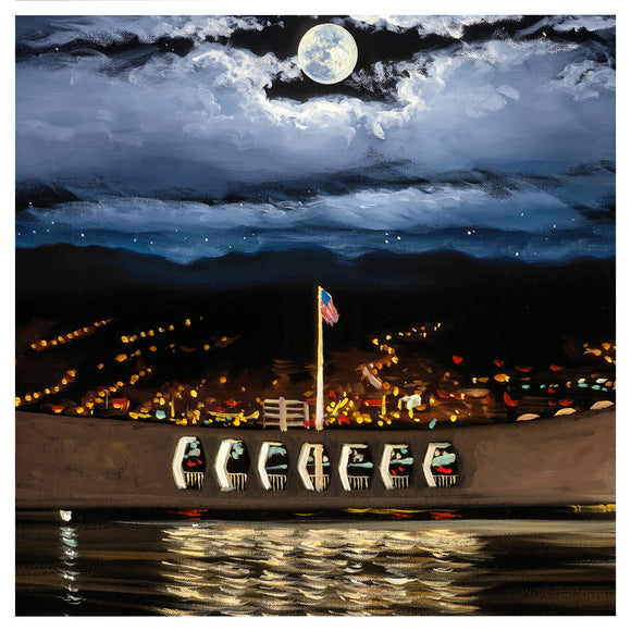 A painting of Pearl Harbor National Memorial at night by Hawaii artist Walfrido Garcia