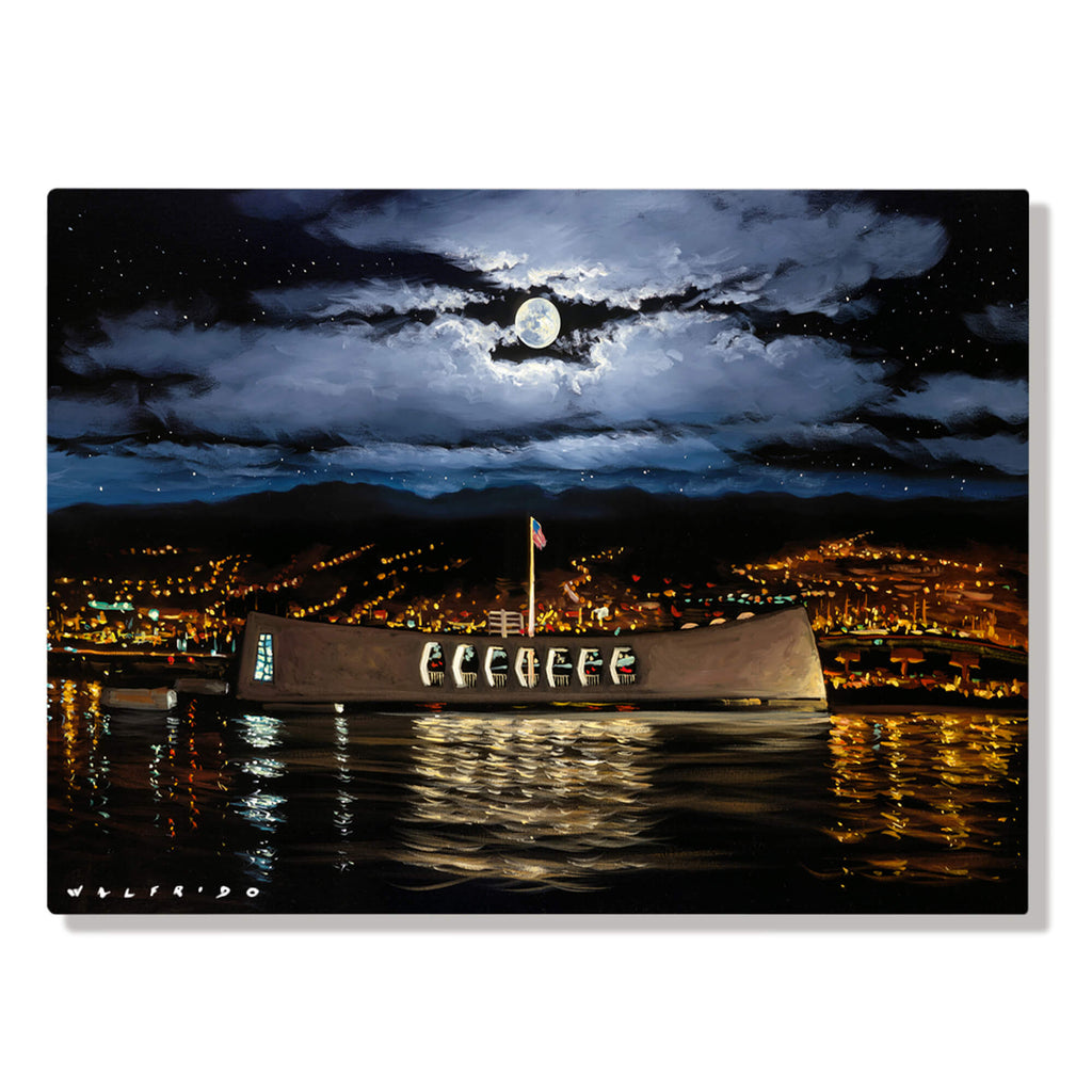 A realistic depiction of the Pearl Harbor National Memorial at night with the moon and night lights by Hawaii artist Walfrido Garcia