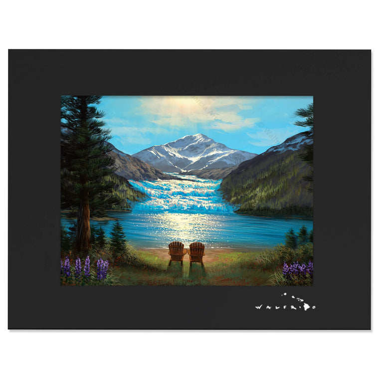 A matted art print of rustic log chairs facing a moving glacier amidst an Alaskan mountain range. The glacier is actively carving a valley by Hawaii artist Walfrido Garcia.