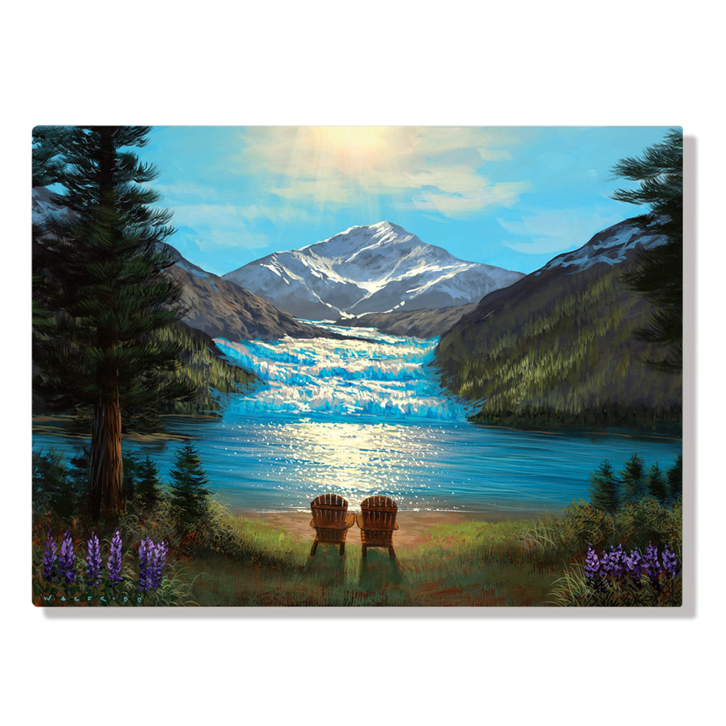 Metal art print of two wooden Adirondack chairs overlooking a glacier in the mountains. The blue glacier contrasts against the rocky mountainside and valleys below by Hawaii artist Walfrido Garcia.