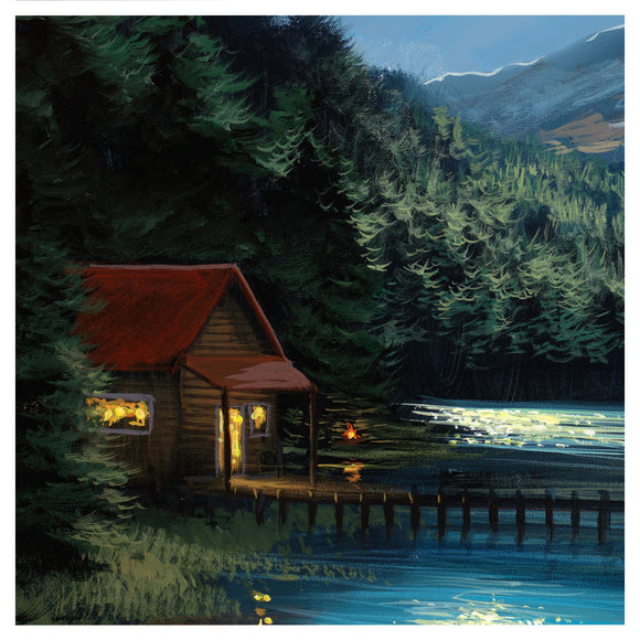 Nighttime matted print depicting a cozy, secluded log cabin sitting alongside a calm lake. The full moon's reflection shimmers on the water with mountains in the far background by Hawaii artist Walfrido Garcia.