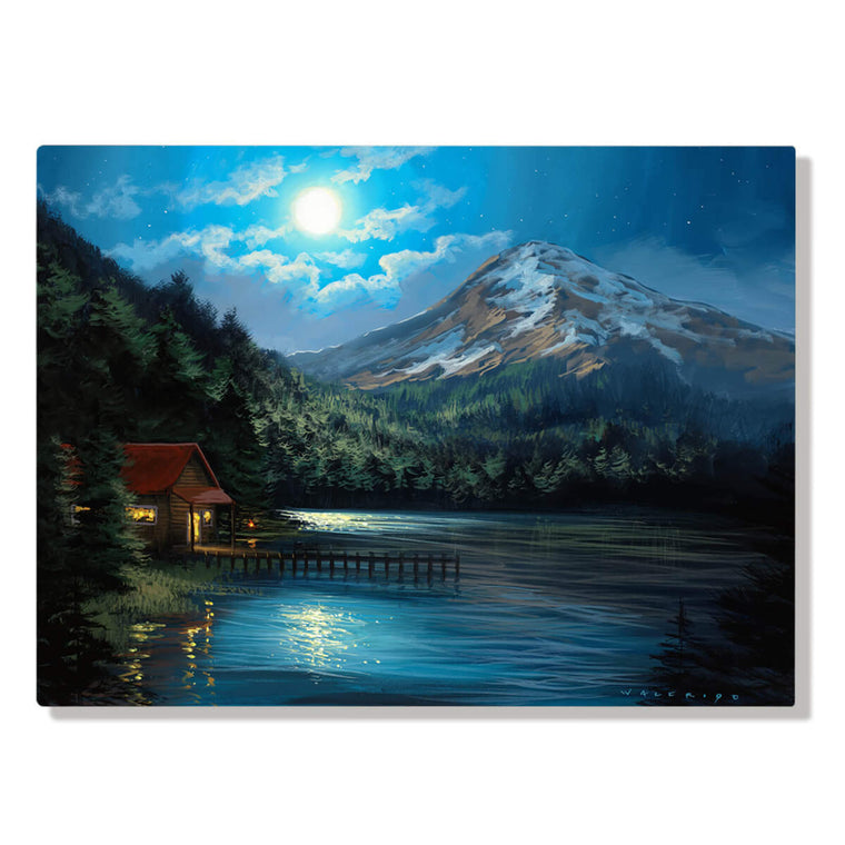 A moonlit log cabin in the woods at night, with a full moon overhead and tall mountains in the background. The cabin is small, nestled amongst evergreen trees next to a still lake reflecting the moonlight by Hawaii artist Walfrido Garcia.