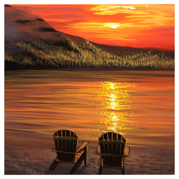 Two empty Adirondack chairs facing a tranquil forest lake in Alaska at sunset, bathed in rich orange light with pine trees lining the shore by Hawaii artist Walfrido Garcia.