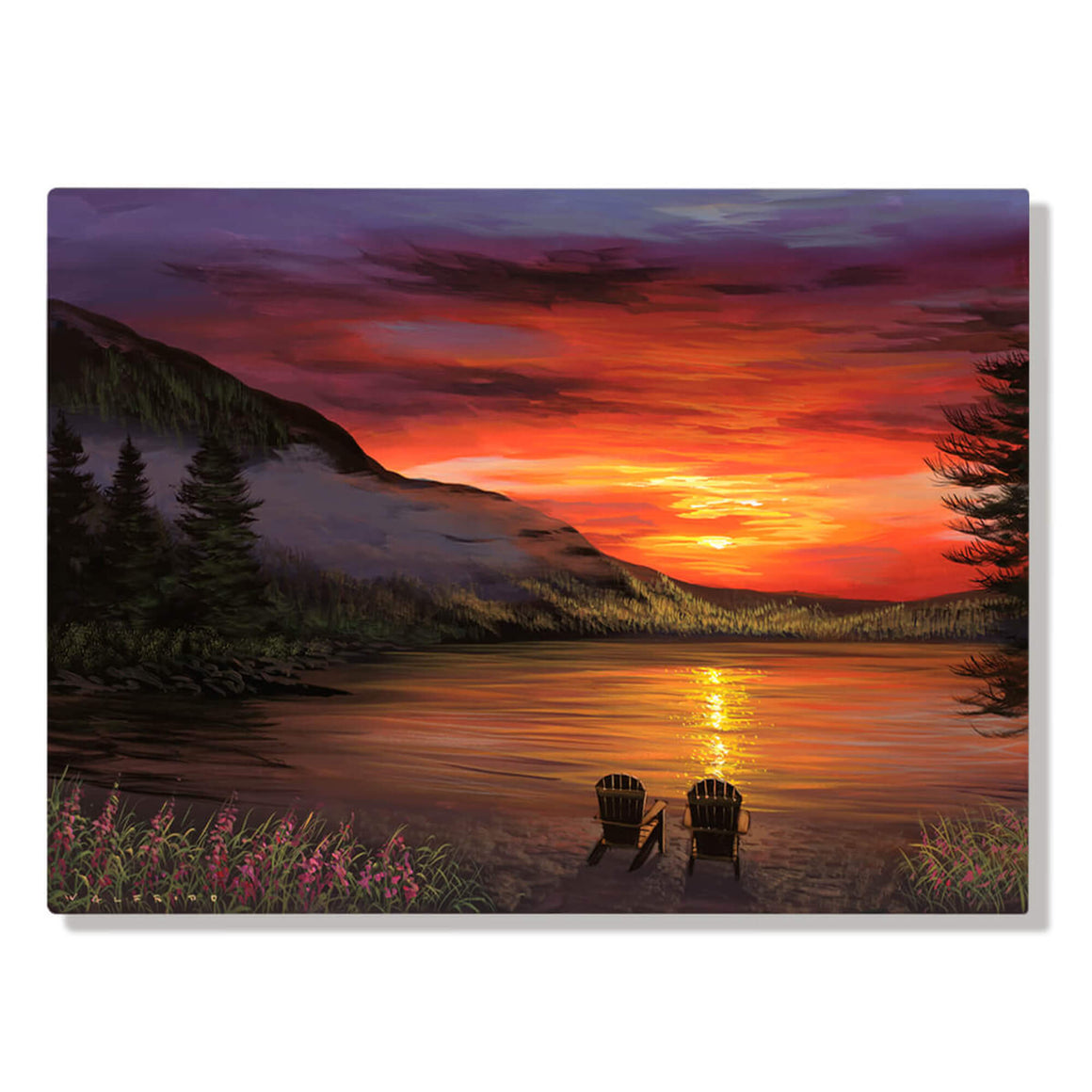 Metal art print of an orange Alaskan sunset over a still mountain lake, with two unoccupied wooden Adirondack chairs in the foreground looking out over the water by Hawaii artist Walfrido Garcia.