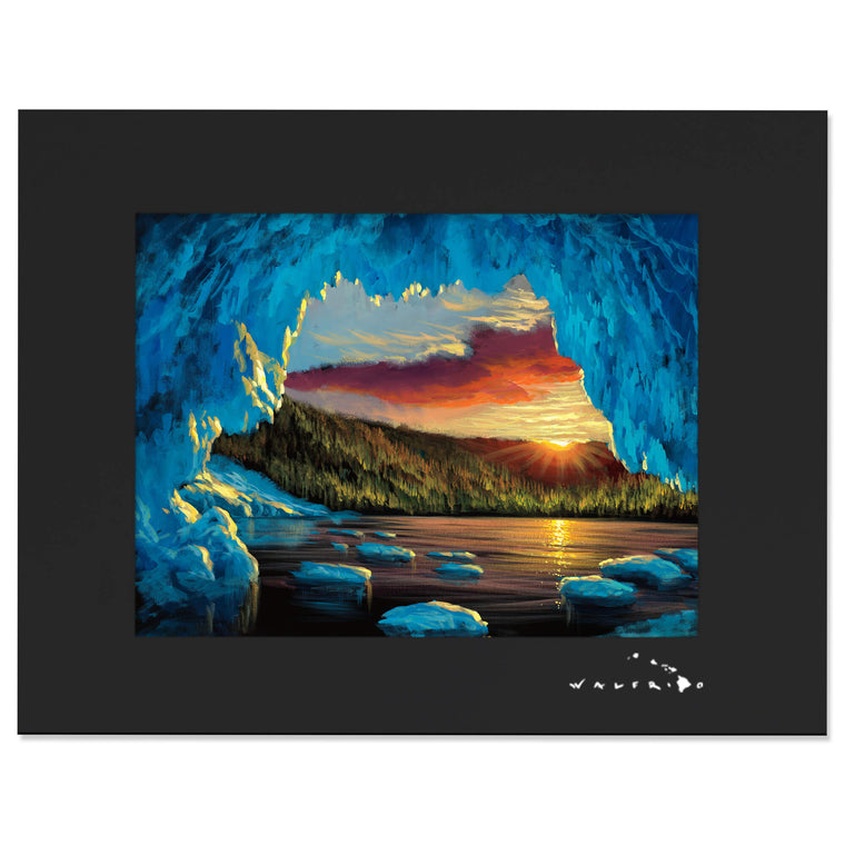 Detailed matted art print rendering the vantage point inside an Alaskan ice cave at sunset, which overlooks a glass-like lake and wilderness forest being set aglow at dusk by Hawaii artist Walfrido Gracia.