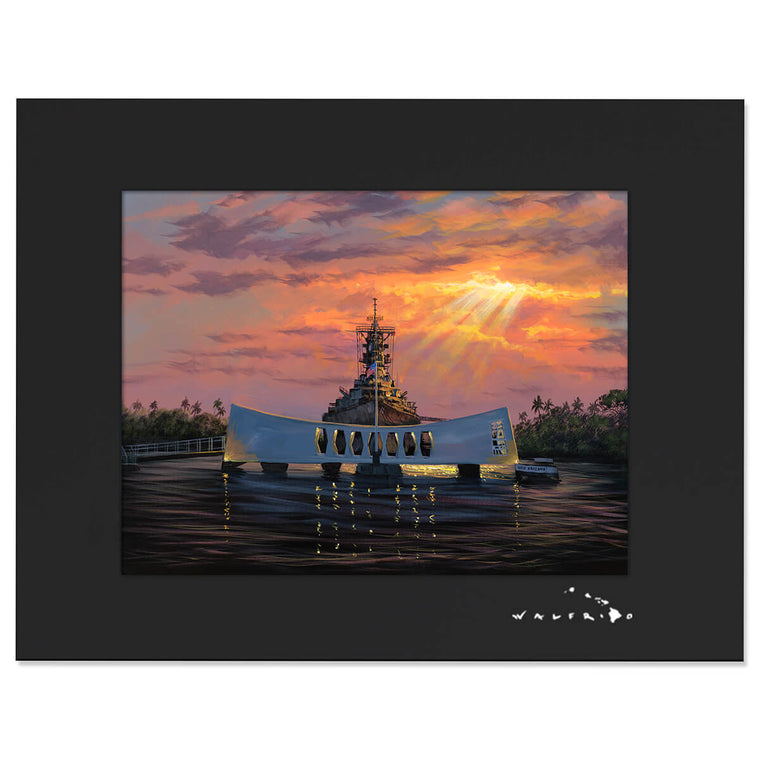 Matted art print of original painting by Hawaii artist Walfrido Garcia, depicting the USS Missouri at rest in Pearl Harbor.