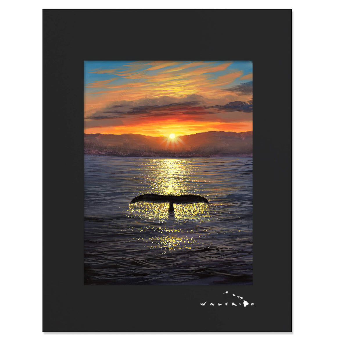 Artistic matted art print rendering a humpback whale's tail fluke diving into a calm Alaskan lake at sunset, amidst reflections of the vivid evening sky by Hawaii artist Walfrido Garcia.