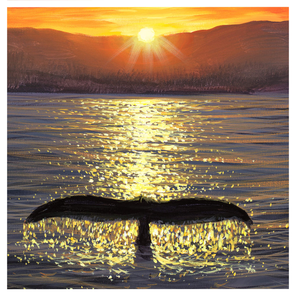 Intricately detailed metal art print depicting the sunset silhouette of a humpback whale's tail rising from a serene lake, framed by Alaskan wilderness by Hawaii artist Walfrido Garcia.
