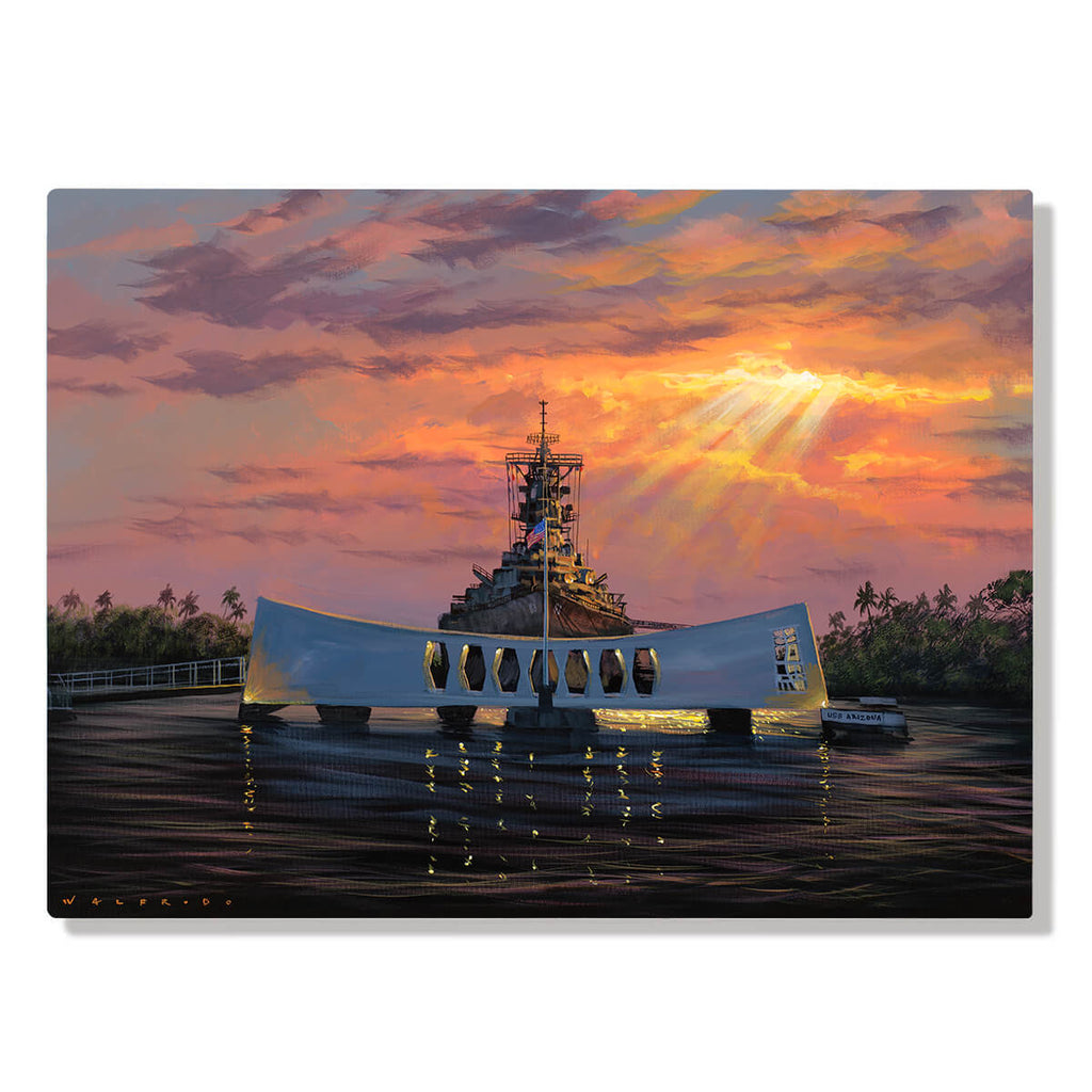 Colorful artwork by Hawaii artist Walfrido Garcia depicting the USS Missouri, an Iowa-class battleship known for its historical significance in World War II, at rest behind the Pearl Harbor memorial. 