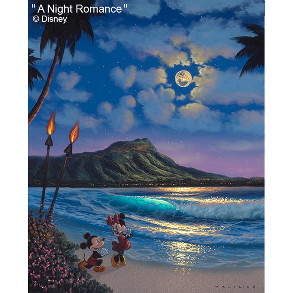 A Night Romance by Hawaii Artist Walfrido featuring the famous Disney couple, Mickey and Minnie Mouse getting engaged in front of Diamond Head Crater in Waikiki.