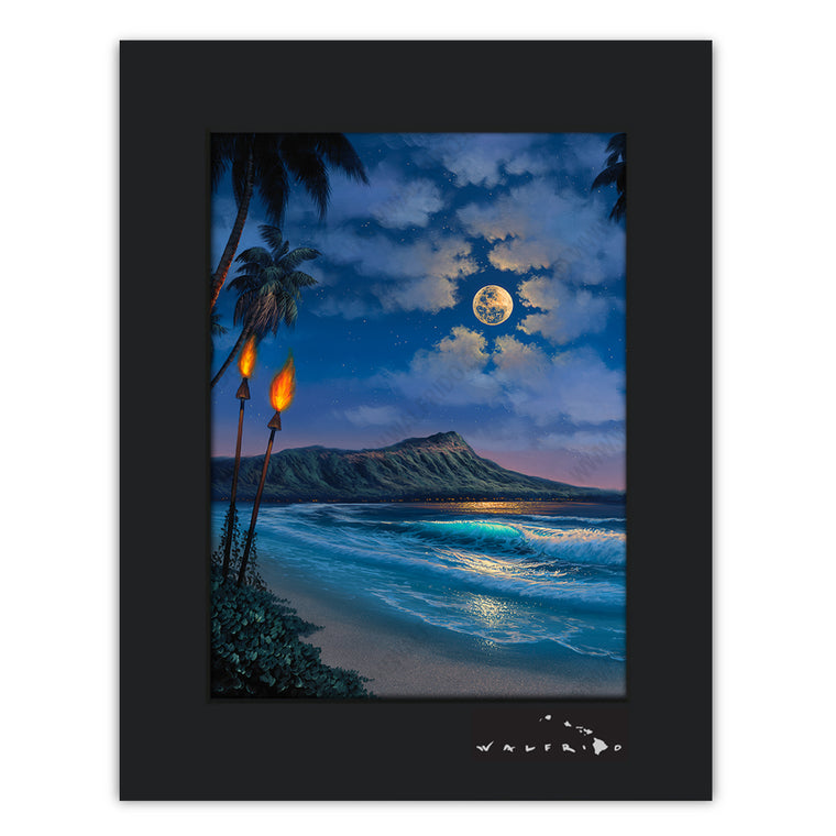 A Night for Romance - Open Edition Matted artwork by Tropical Hawaii Artist Walfrido featuring a stunning night view of the famous Diamond Head Crater on Oahu, Hawaii.