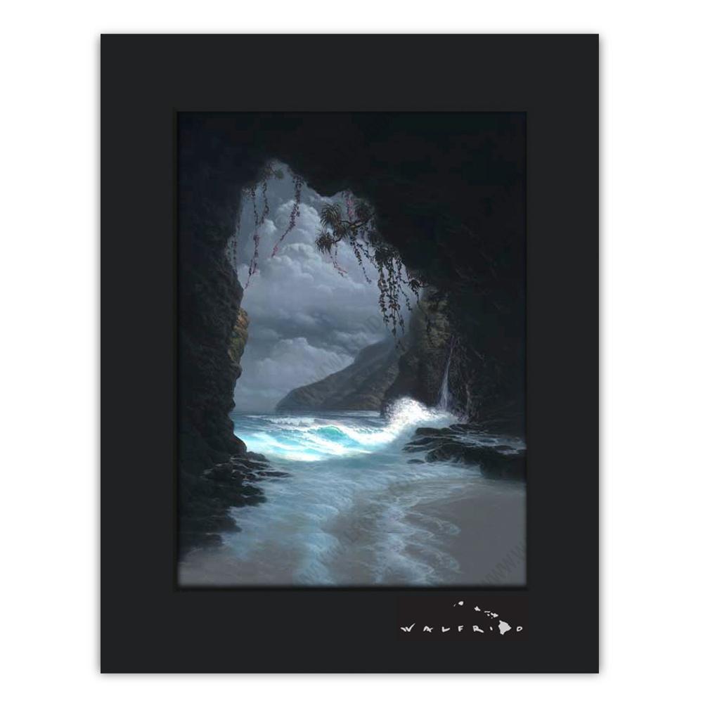 Open Edition Matted artwork by Tropical Hawaii Artist Walfrido featuring a calm view of the ocean as seen from a cave on the shore.