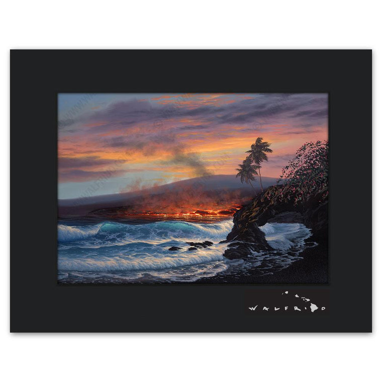 Open Edition Matted artwork by Tropical Hawaii Artist Walfrido featuring lava flowing into the ocean at sunset, sending up steam into the air.