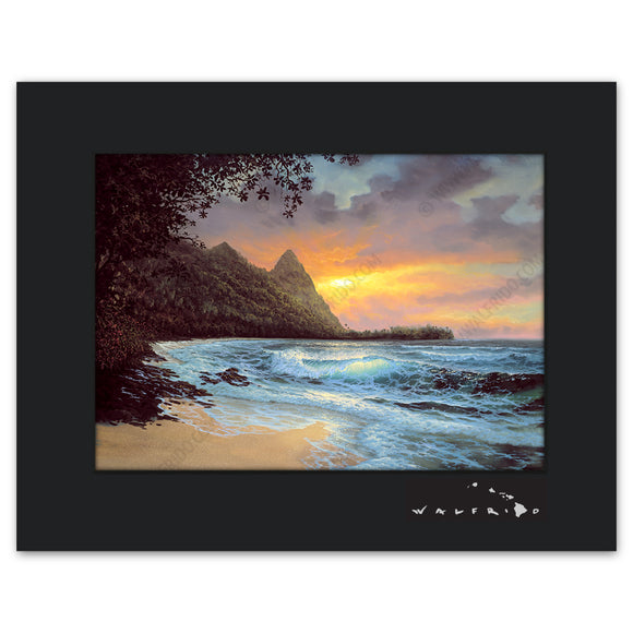 Bali Hi - Open Edition Matted artwork by Tropical Hawaii Artist Walfrido featuring a classic tropical landscape view with the sun setting in the distance.