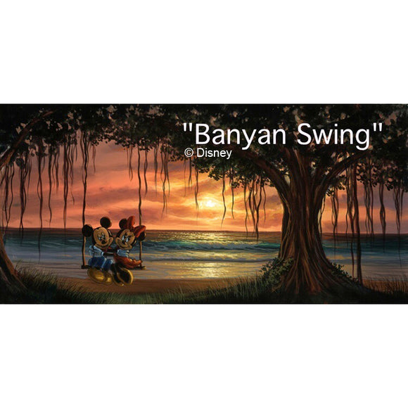 Banyan Swing by Hawaii Artist Walfrido featuring the famous Disney couple, Mickey and Minnie Mouse swinging together under a Banyan Tree during sunset.