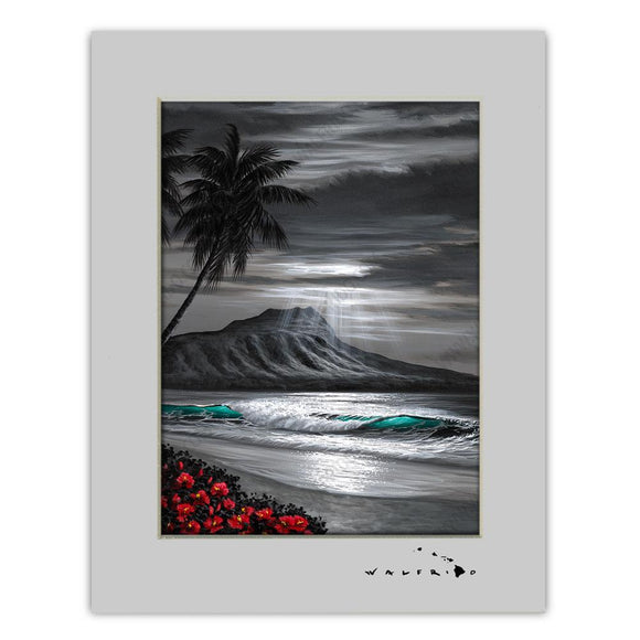 Open Edition Matted artwork by Tropical Hawaii Artist Walfrido featuring a classic view of Diamond Head Crater as seen from a beach in Hawaii. It uses a unique color scheme that is primarily black and white with small additions of color to highlight certain aspects of the piece.