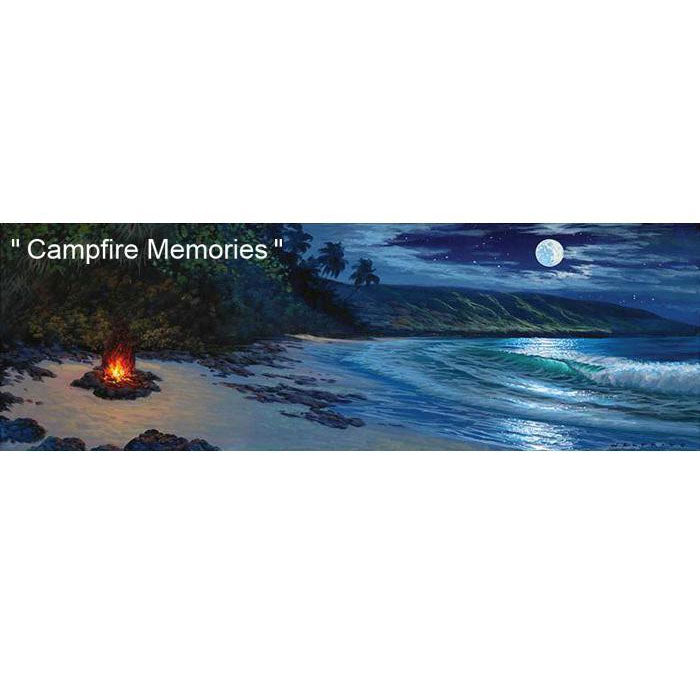 Campfire Memories by Hawaii Artist Walfrido featuring a cozy campfire on the beach during a night with a full moon.