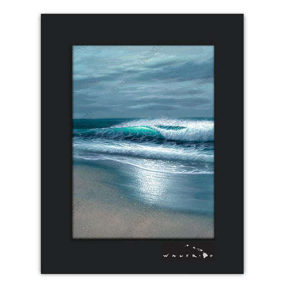 Open Edition Matted artwork by Tropical Hawaii Artist Walfrido featuring a stormy view of the ocean with a wave crashing towards the sandy beach.