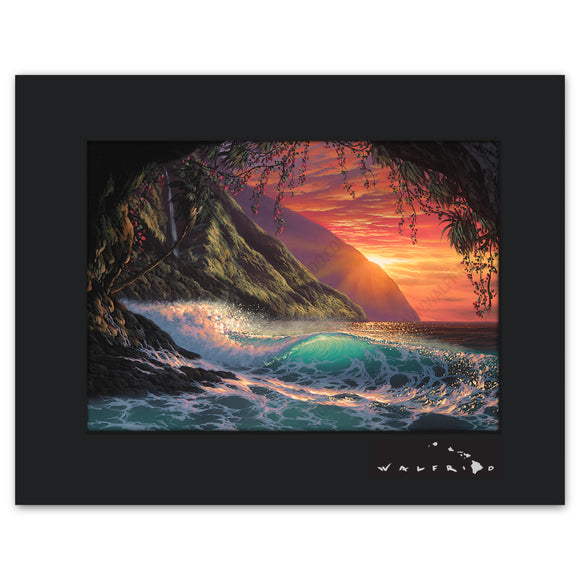 Colors of the Heart - Open Edition Matted artwork by Tropical Hawaii Artist Walfrido featuring a crashing wave as seen from a cove on a sandy Hawaiian beach at sunset.