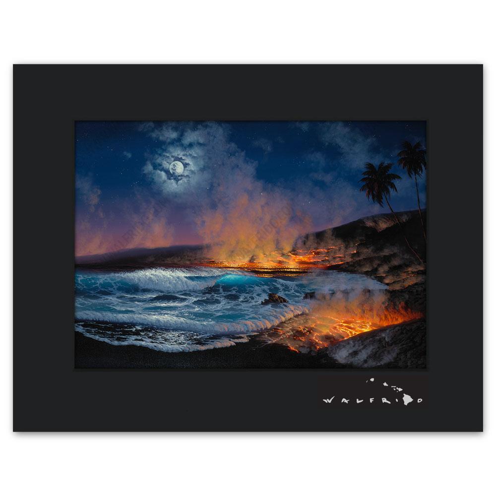 Open Edition Matted artwork by Tropical Hawaii Artist Walfrido featuring a night view of lava flowing into the ocean, steam rising into the air.