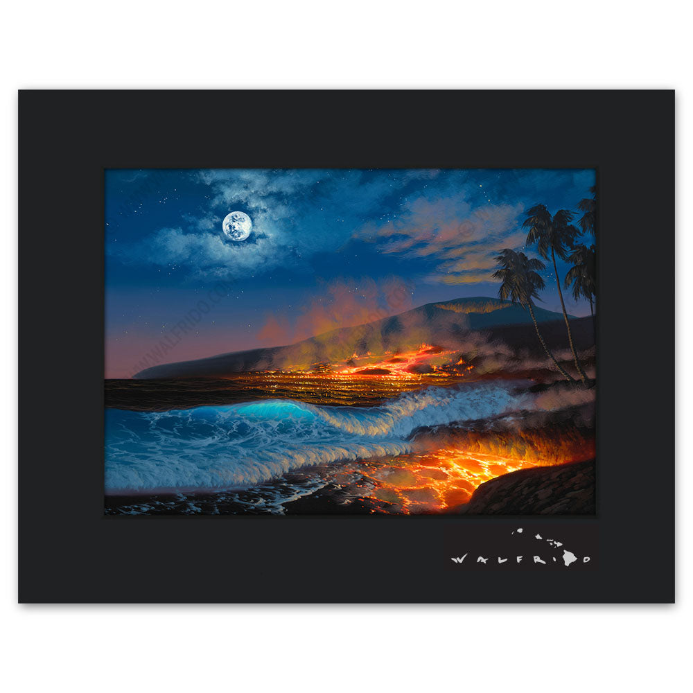 Divine Creation - Open Edition Matted artwork by Tropical Hawaii Artist Walfrido featuring a night view of lava flowing into the ocean, steam rising into the air.