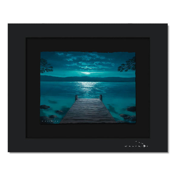 Limited Edition artwork on watercolor paper by Tropical Hawaii Artist Walfrido featuring a night view down a dock towards the ocean, land in the distance.