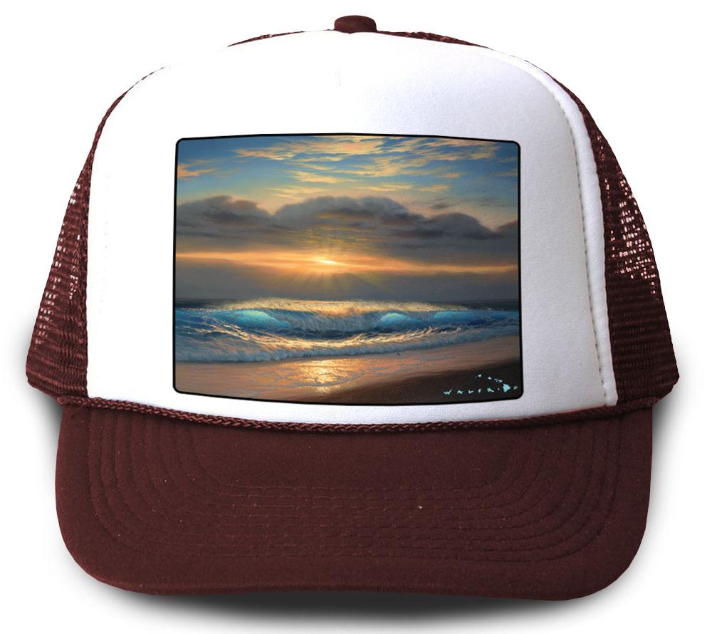 End of a Perfect Day Maroon Mesh Trucker Hat by Walfrido