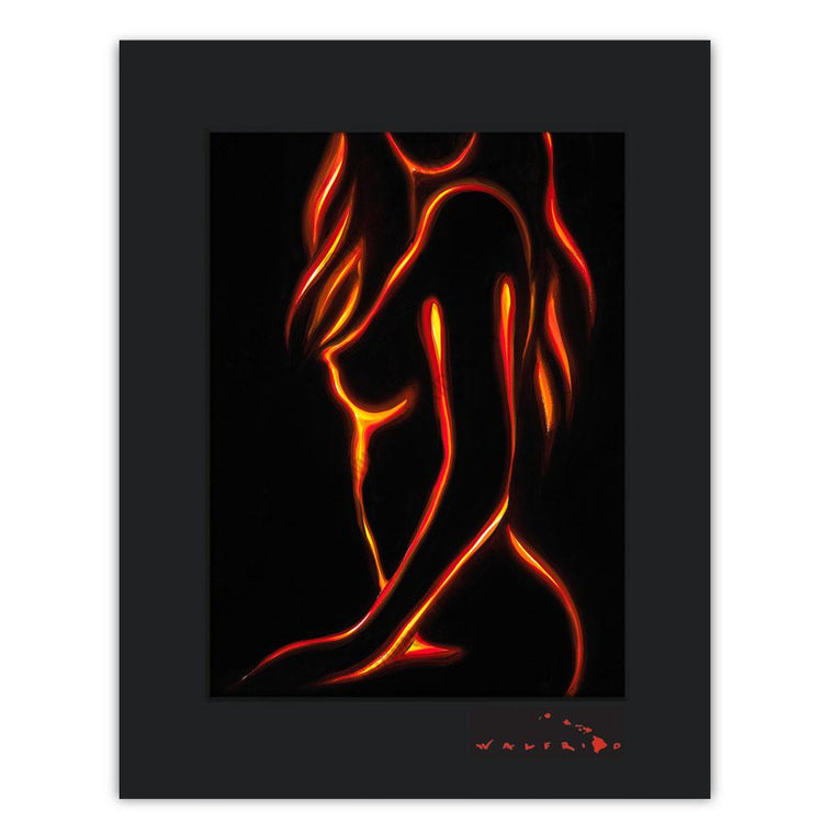 Open Edition Matted artwork by Tropical Hawaii Artist Walfrido featuring a silhouette of a nude woman. This piece encompasses a unique style of line work and fiery colors that invoke the lively spirit of the Hawaiian Islands.