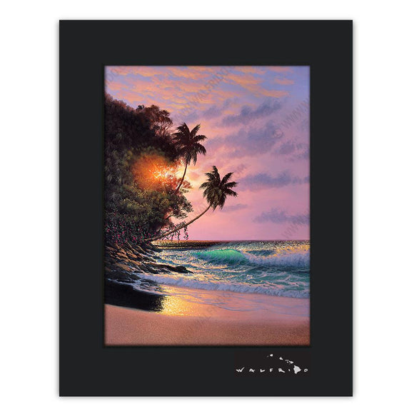 Open Edition Matted artwork by Tropical Hawaii Artist Walfrido featuring a sunset view of the ocean as seen from the tropical beaches of Hawaii.