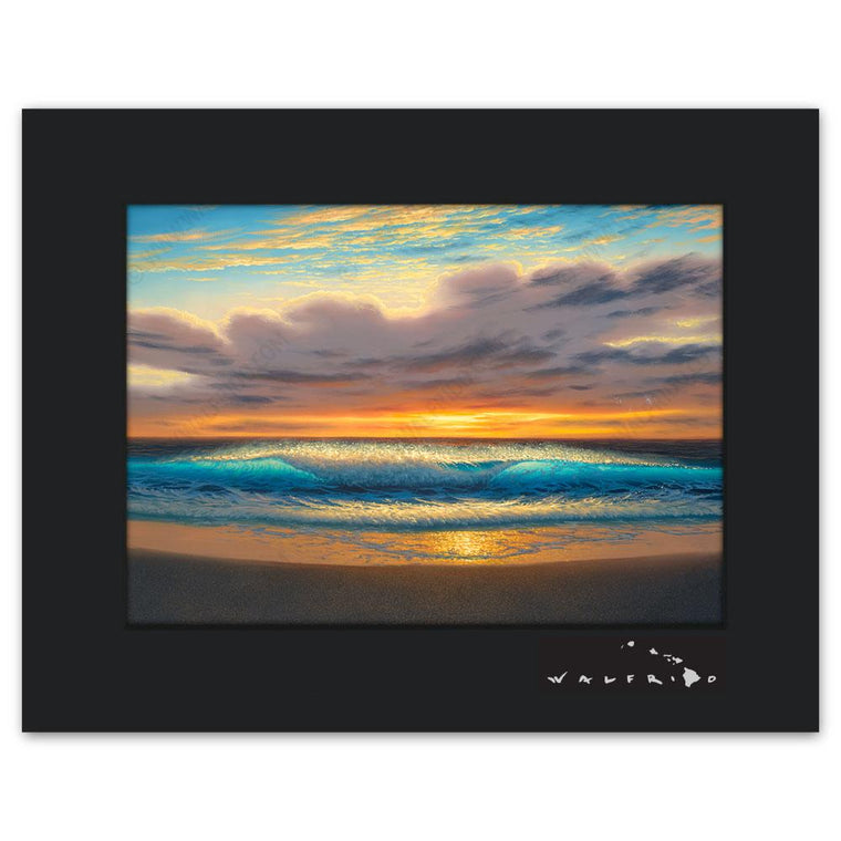 Open Edition Matted artwork by Tropical Hawaii Artist Walfrido featuring waves crashing towards the sandy beach as seen at sunset.