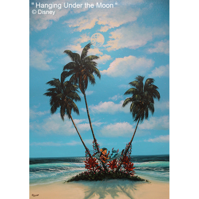 Hanging Under the Moon by Hawaii Artist Walfrido featuring the Disney characters, Lilo and Stitch lazing in a hammock together on a sandy beach.