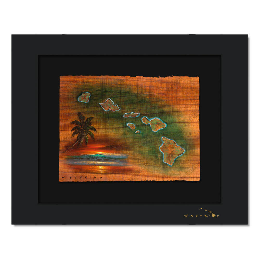 Limited Edition artwork on watercolor paper by Tropical Hawaii Artist Walfrido featuring a map of the Hawaiian Islands on Koa wood grain.