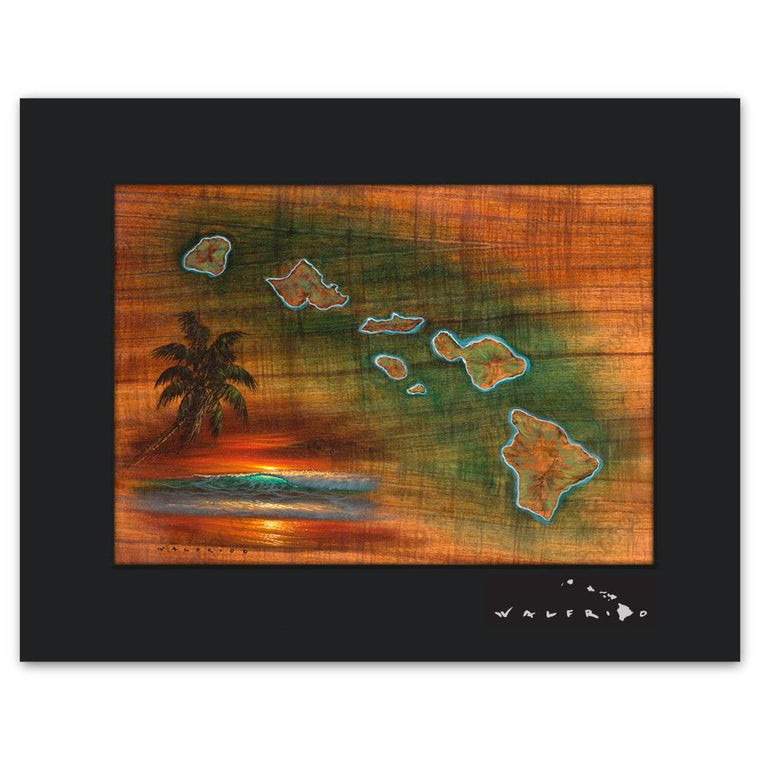 Open Edition Matted artwork by Tropical Hawaii Artist Walfrido featuring a map of the Hawaiian Islands on Koa wood grain.