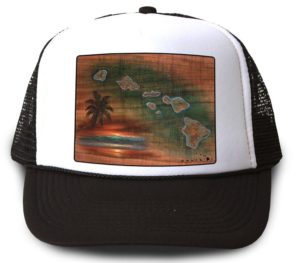 Hawaiian Islands Koa Map Black Mesh Trucker Hat by Walfrido