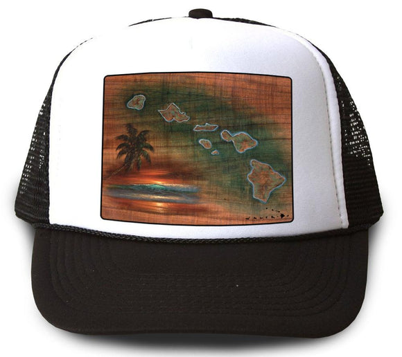 Hawaiian Islands Koa Map Green Mesh Trucker Hat by Walfrido